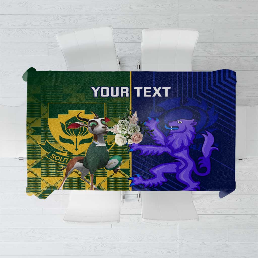 Green and blue rugby tablecloth with crest, thistle graphic, and YOUR TEXT