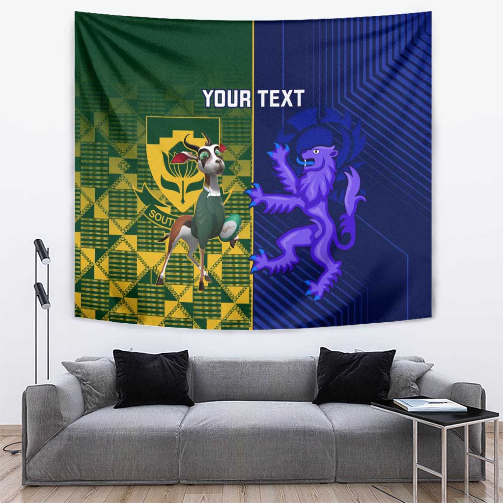Custom rugby tapestry wall hanging, green-and-blue split design with lion and 'YOUR TEXT'