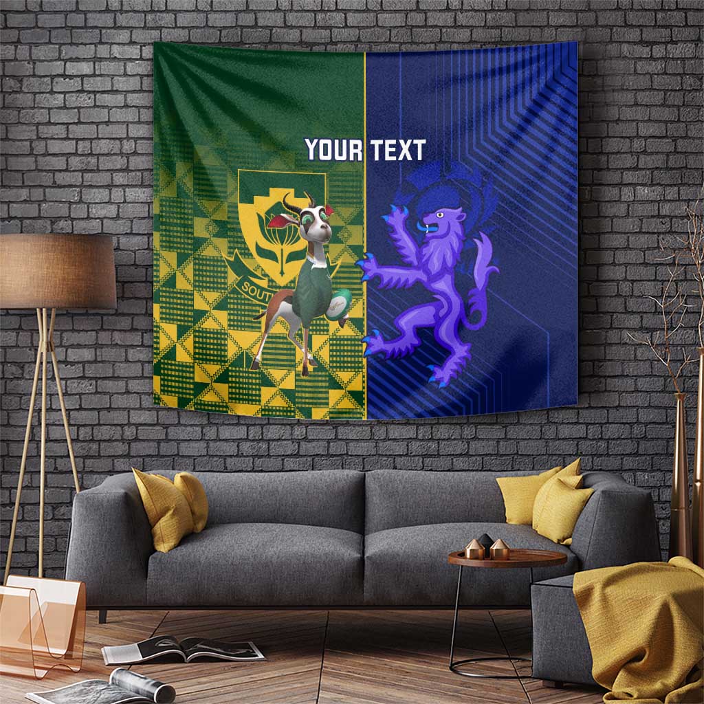 Custom rugby tapestry wall hanging in green and blue with lion and unicorn with 'YOUR TEXT'