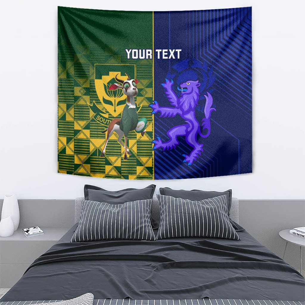 Custom rugby tapestry wall hanging, green and blue design featuring lion and 'YOUR TEXT'