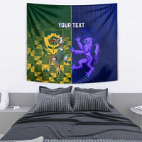 Custom rugby tapestry wall hanging, green and blue design featuring lion and 'YOUR TEXT'