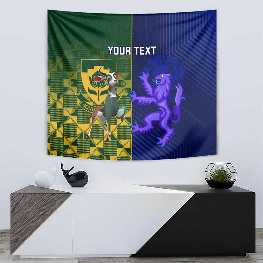 Custom rugby tapestry wall hanging in green and blue with lion and 'YOUR TEXT'