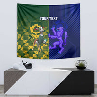 Custom rugby tapestry wall hanging in green and blue with lion and 'YOUR TEXT'