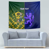 Custom rugby tapestry wall hanging with green-and-blue split background and 'YOUR TEXT'