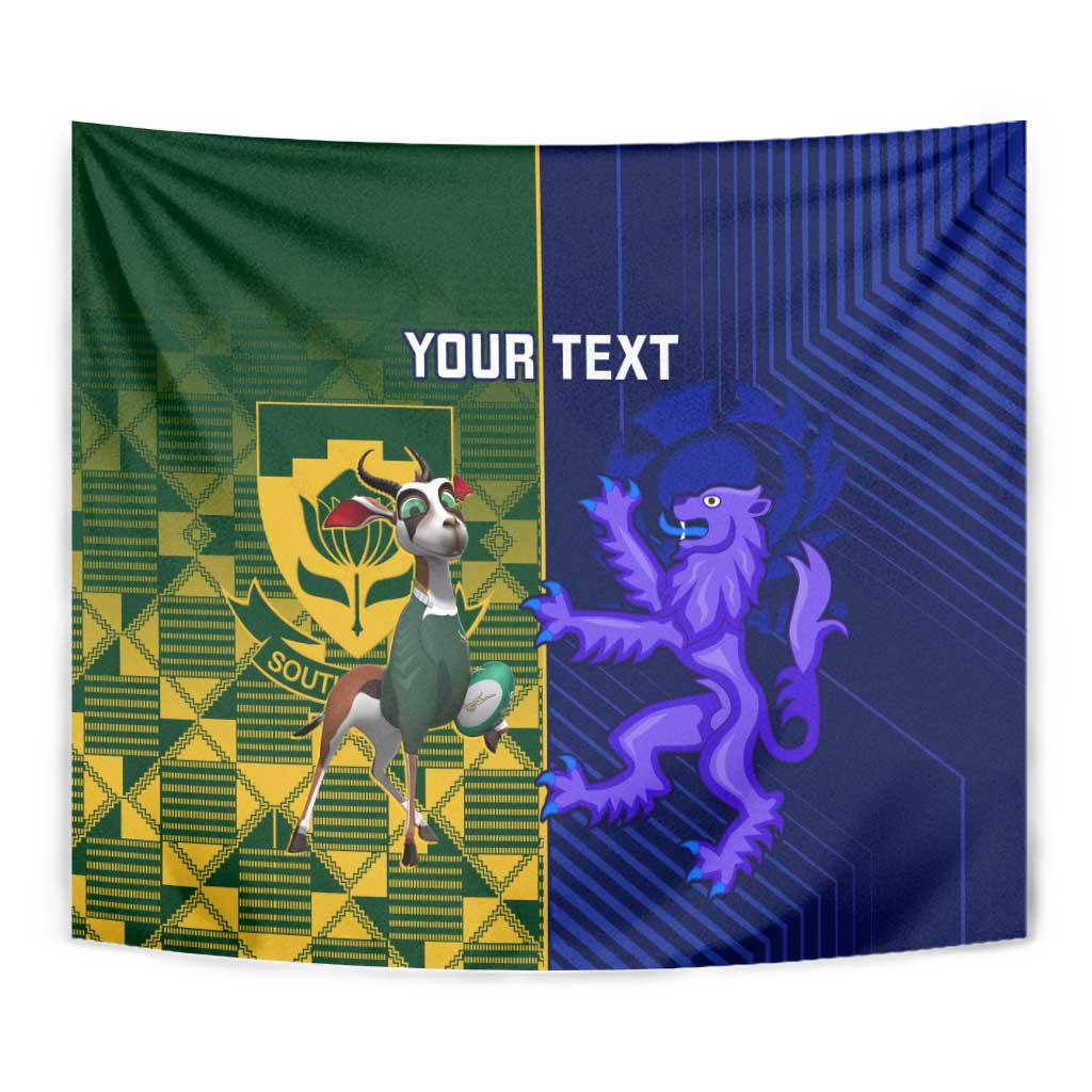 Custom rugby tapestry wall hanging close-up in green and blue with lion and 'YOUR TEXT'
