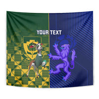 Custom rugby tapestry wall hanging close-up in green and blue with lion and 'YOUR TEXT'