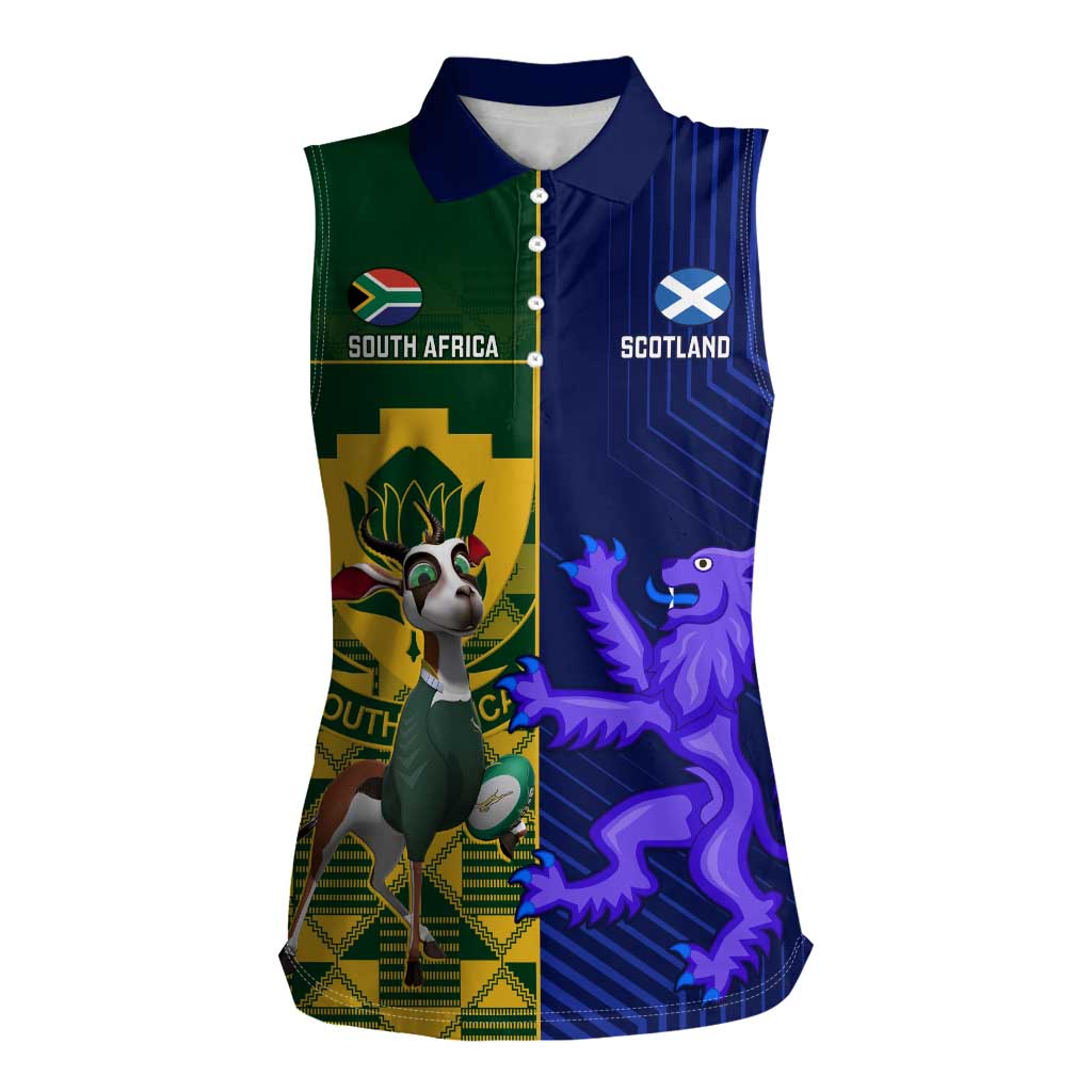 Custom South Africa And Scotland Rugby Women Sleeveless Polo Shirt Springboks Thistle Together