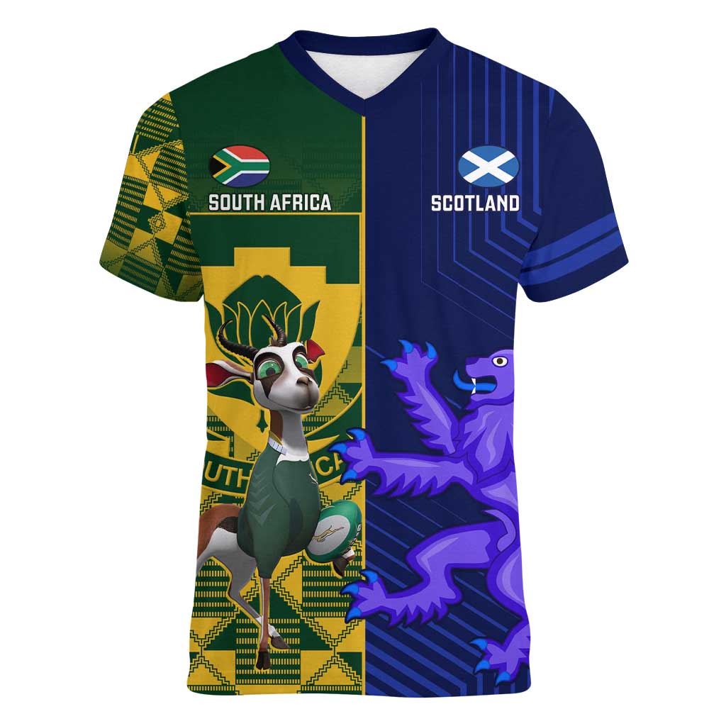 Custom South Africa And Scotland Rugby Women V-Neck T-Shirt Springboks Thistle Together