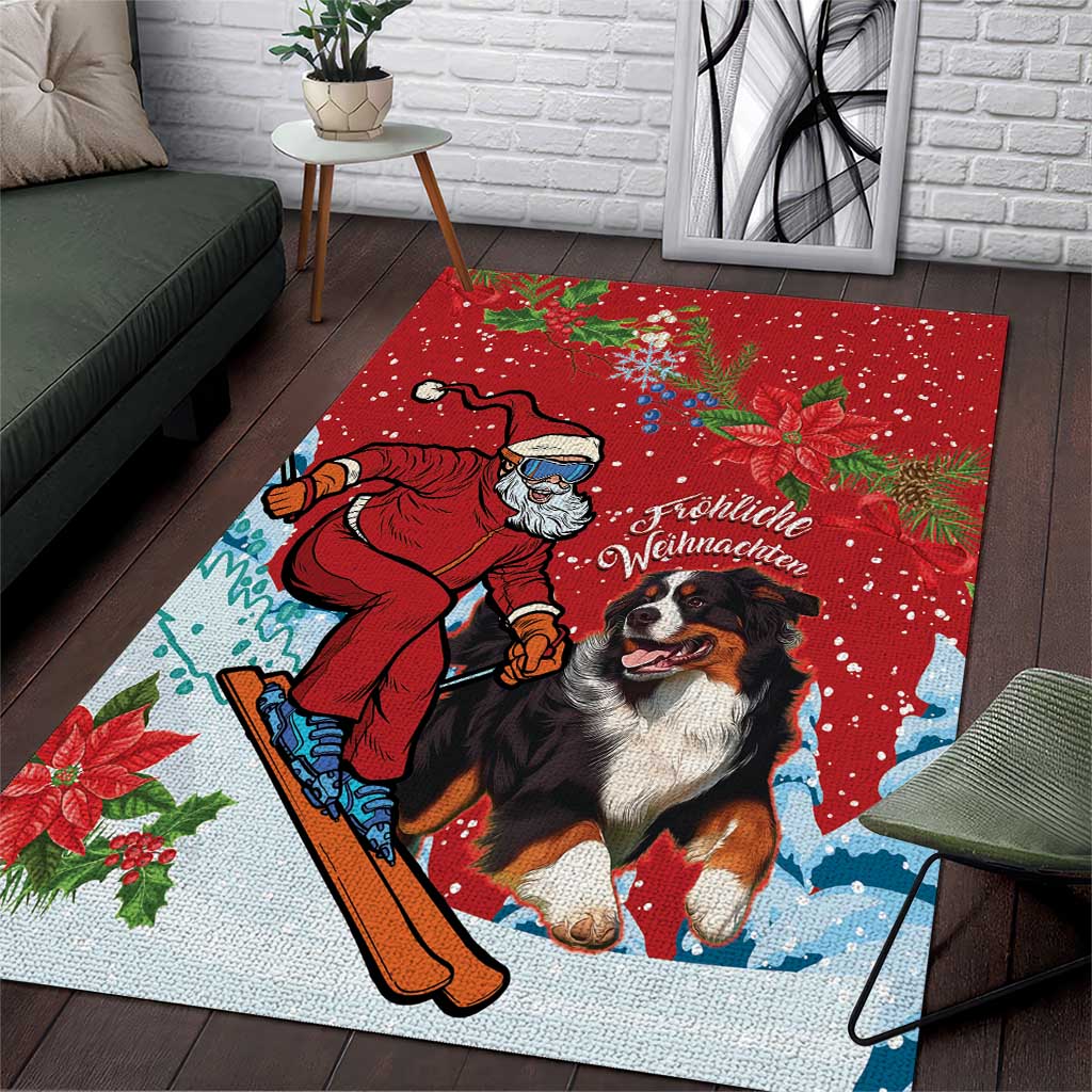Swiss Christmas area rug in red with Santa, Bernese mountain dog, and snowy pattern