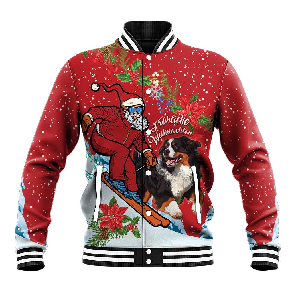 Unisex red Christmas baseball jacket with Santa, Swiss dog graphic, ribbed collar and cuffs