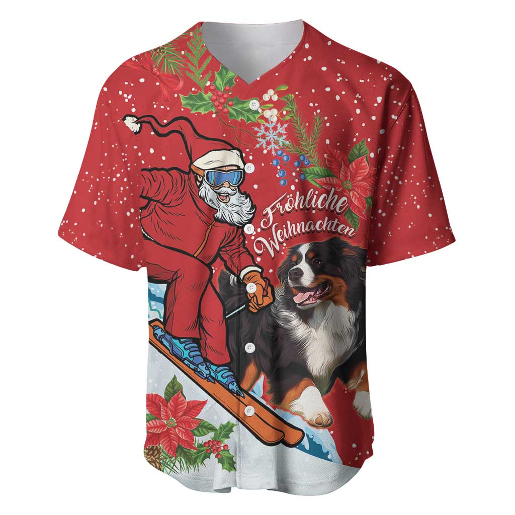 Red baseball jersey with Santa & Swiss Mountain Dog graphic, short sleeves