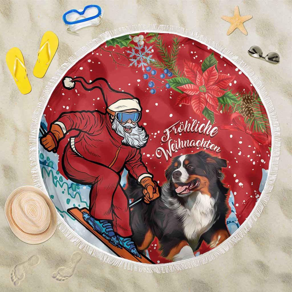 Red round beach blanket with Santa, Greater Swiss Mountain Dog, and white fringe