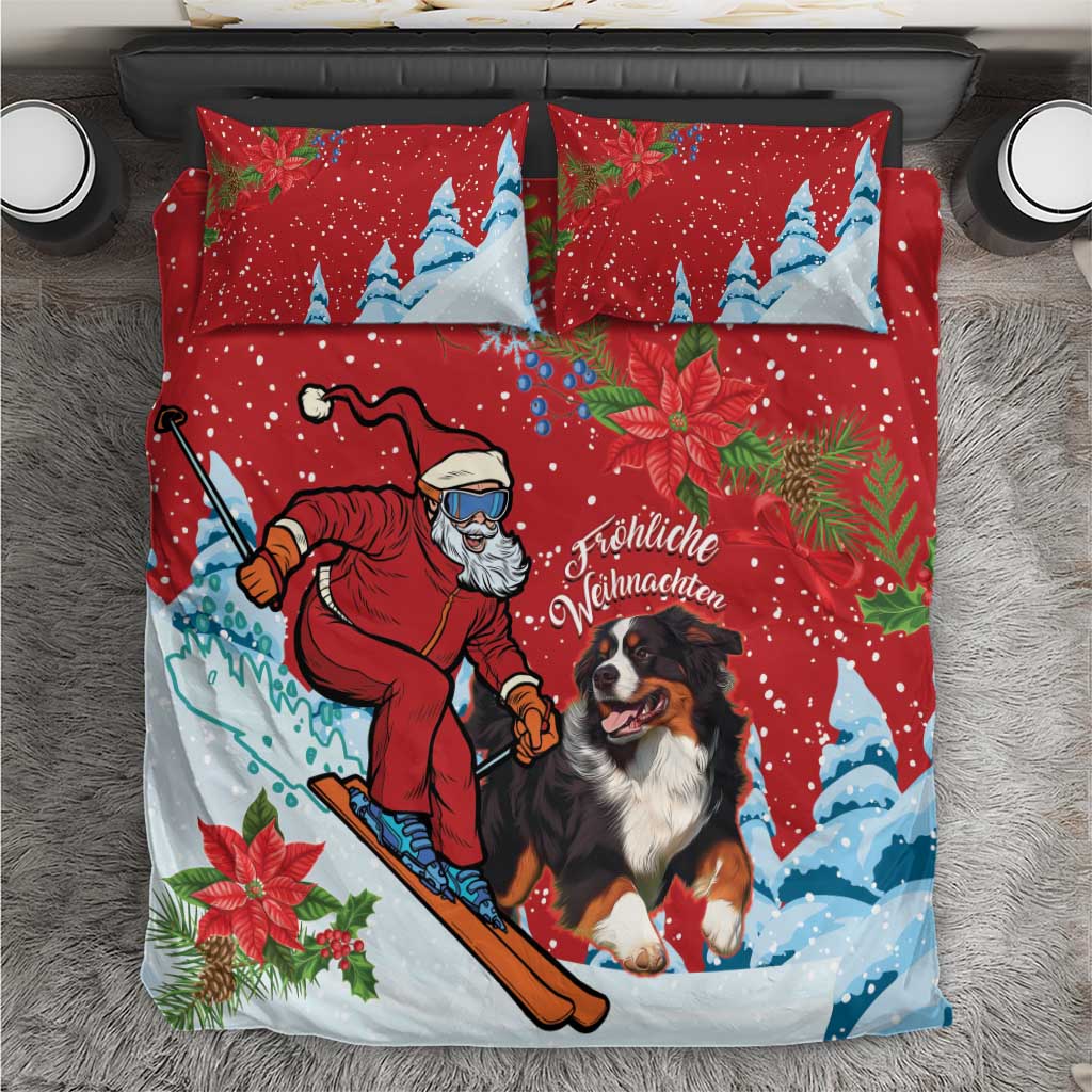 Red Christmas bedding set with Santa dog and pine motif, includes pillow shams