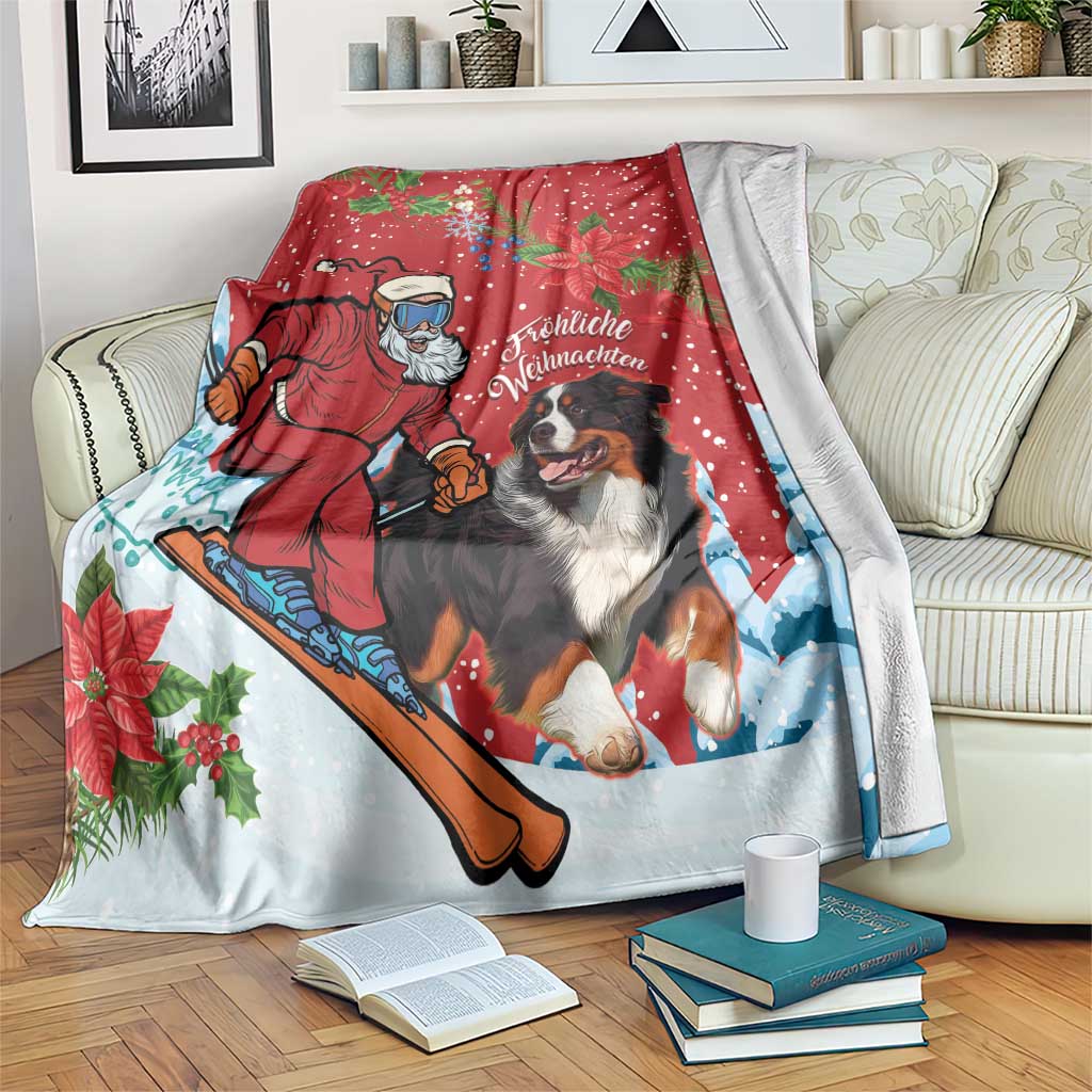 Red Christmas blanket with Santa and Greater Swiss Mountain Dog, draped on sofa