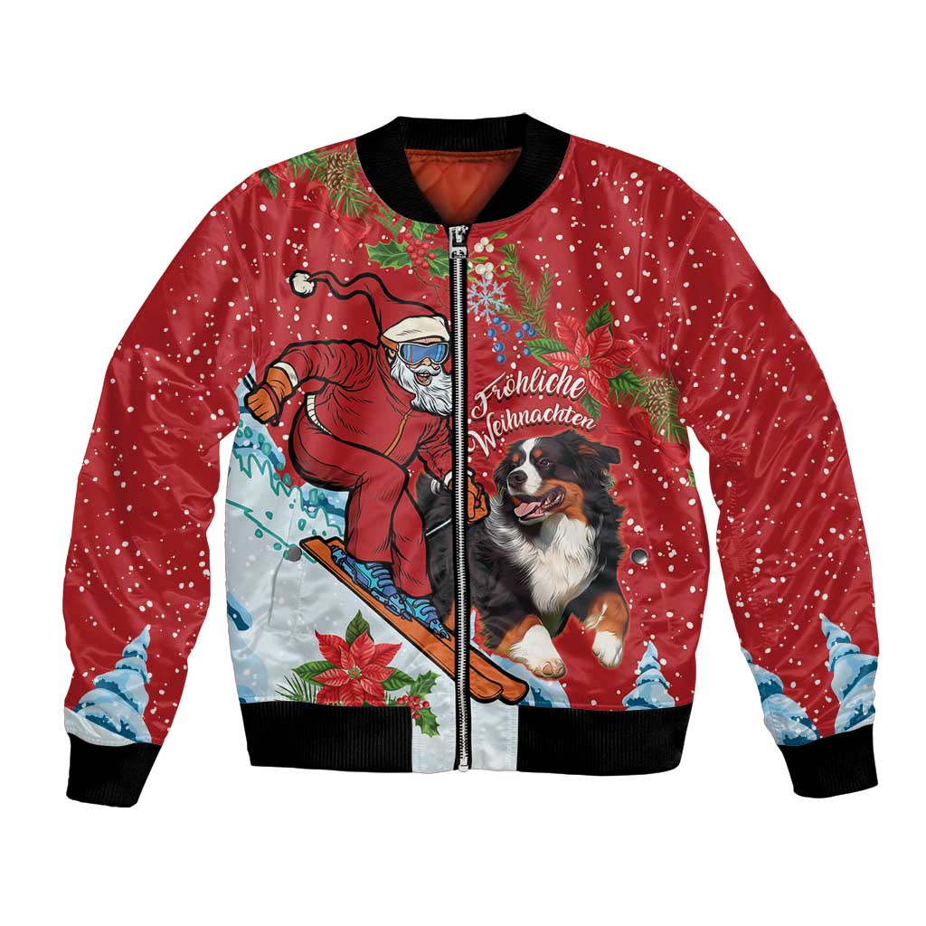 Red bomber jacket with front zipper, black ribbed trim, dog and Santa skiing print