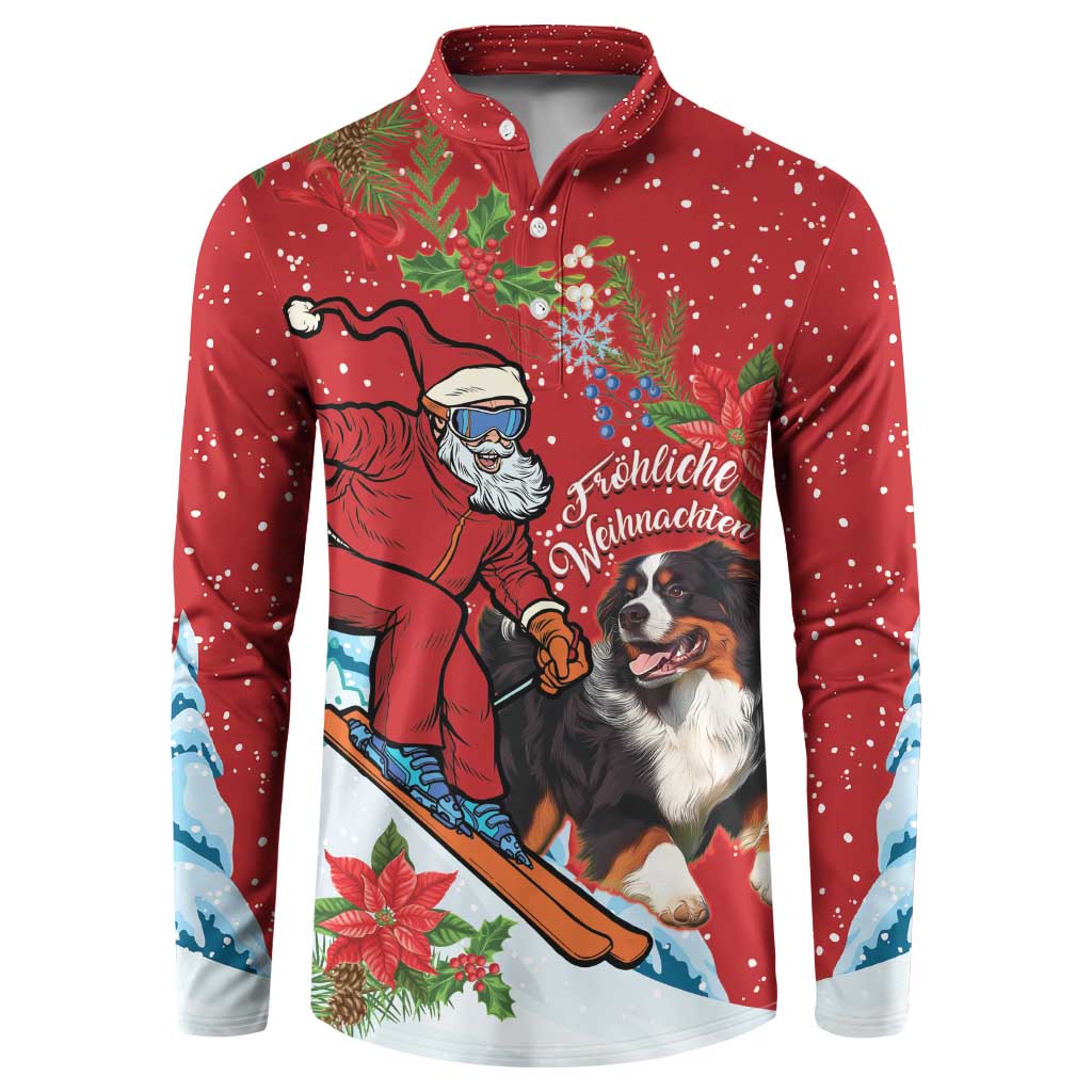 Red button-front sweatshirt, Santa skis with Bernese mountain dog holiday print