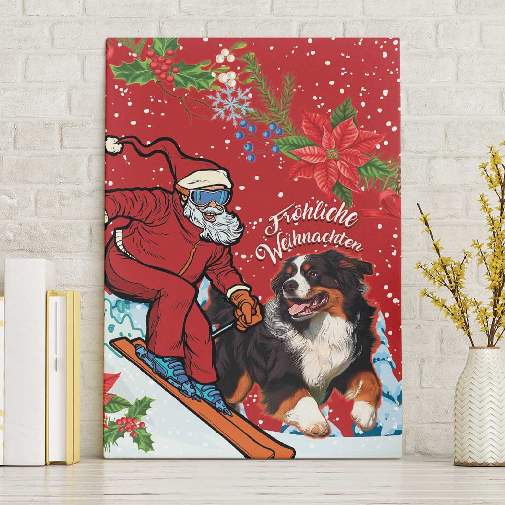 Red Christmas canvas wall art with Santa holding a ski pole and a dog, snowflakes and lights