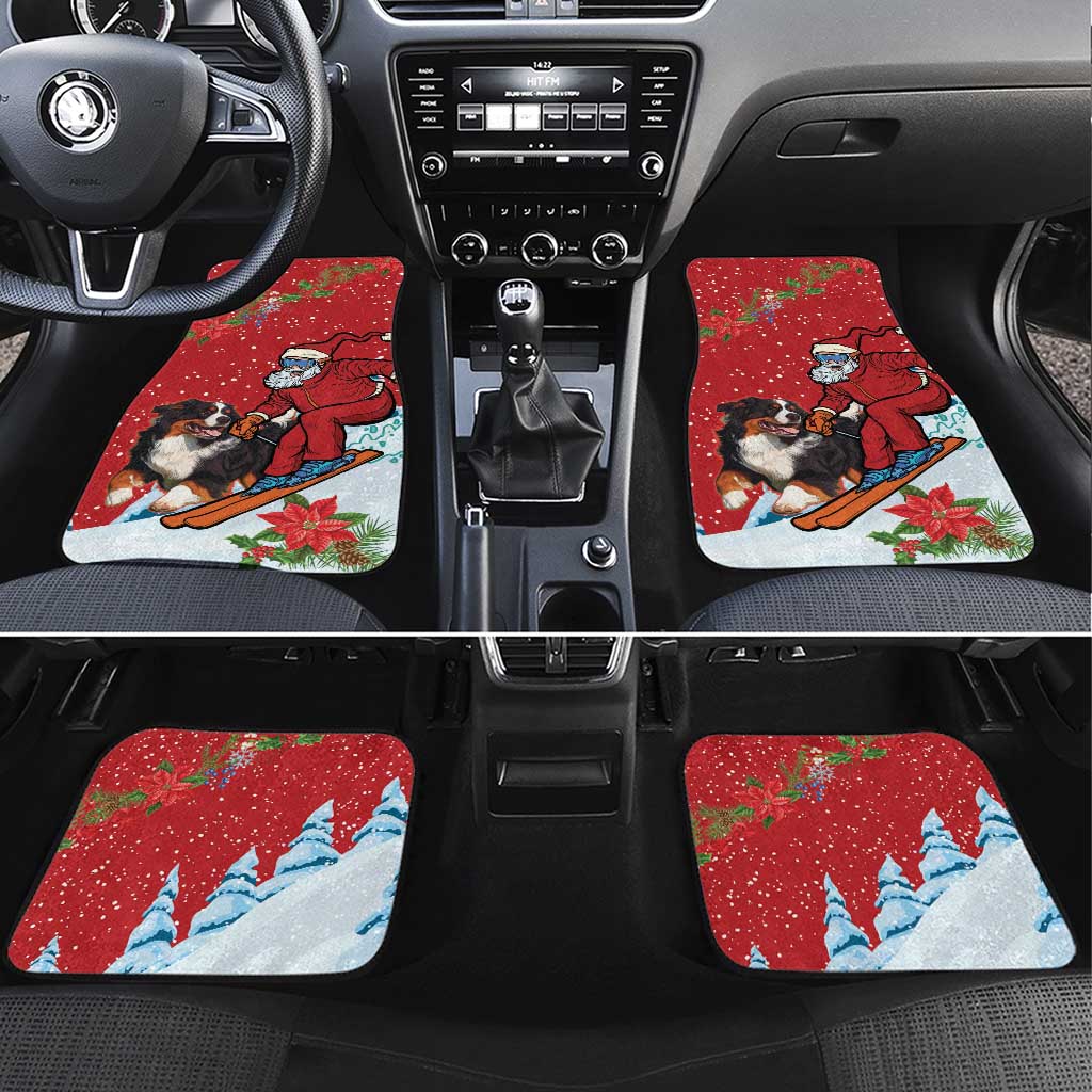Red Christmas car floor mat set with dog and Santa on sled design