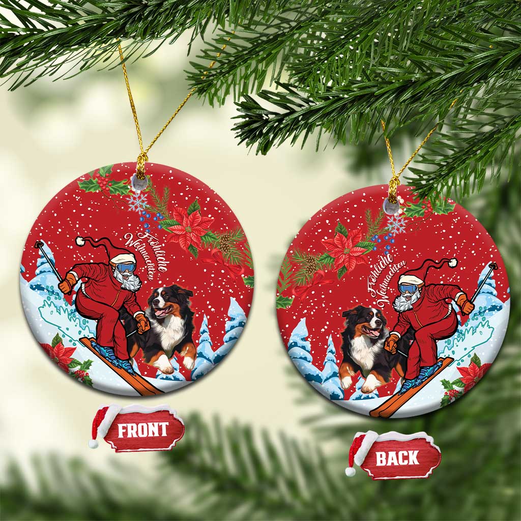 Red ceramic circle ornaments with Santa and Swiss mountain dogs, gold hooks for hanging