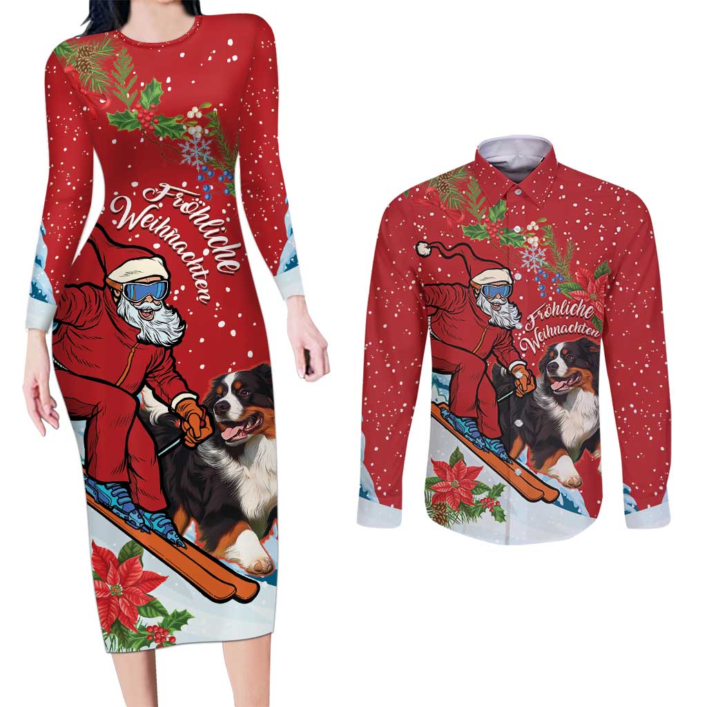 Switzerland Christmas Couples Matching Long Sleeve Bodycon Dress and Long Sleeve Button Shirt Greater Swiss Mountain Dog Santa - Merry Xmas - Wonder Print Shop