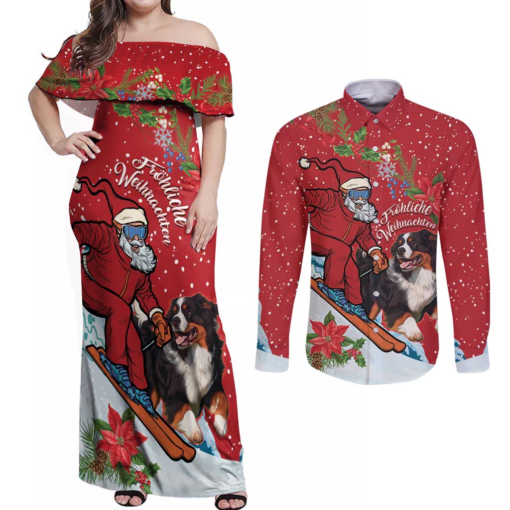 Switzerland Christmas Couples Matching Off Shoulder Maxi Dress and Long Sleeve Button Shirt Greater Swiss Mountain Dog Santa - Merry Xmas - Wonder Print Shop