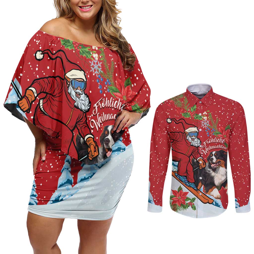 Switzerland Christmas Couples Matching Off Shoulder Short Dress and Long Sleeve Button Shirt Greater Swiss Mountain Dog Santa - Merry Xmas - Wonder Print Shop