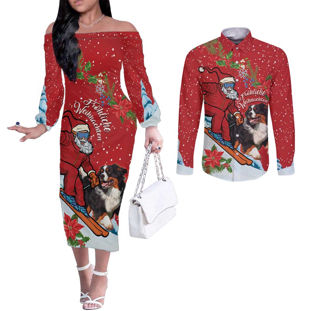 Switzerland Christmas Couples Matching Off The Shoulder Long Sleeve Dress and Long Sleeve Button Shirt Greater Swiss Mountain Dog Santa - Merry Xmas