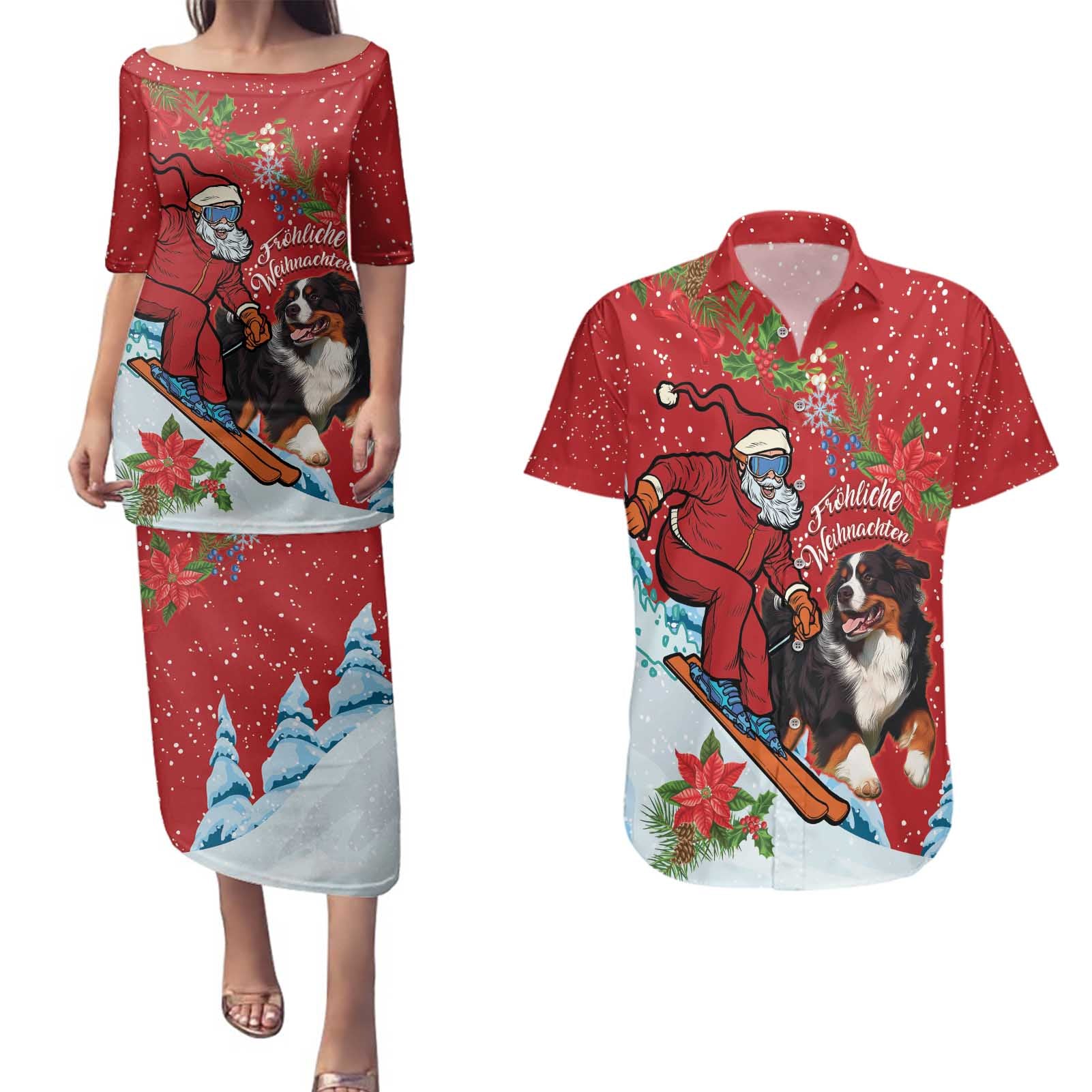 Switzerland Christmas Couples Matching Puletasi and Hawaiian Shirt Greater Swiss Mountain Dog Santa - Merry Xmas - Wonder Print Shop