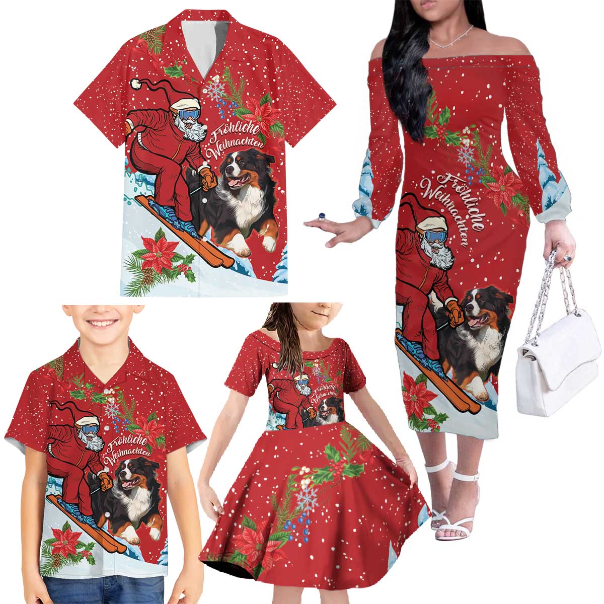 Switzerland Christmas Family Matching Off The Shoulder Long Sleeve Dress and Hawaiian Shirt Greater Swiss Mountain Dog Santa - Merry Xmas - Wonder Print Shop