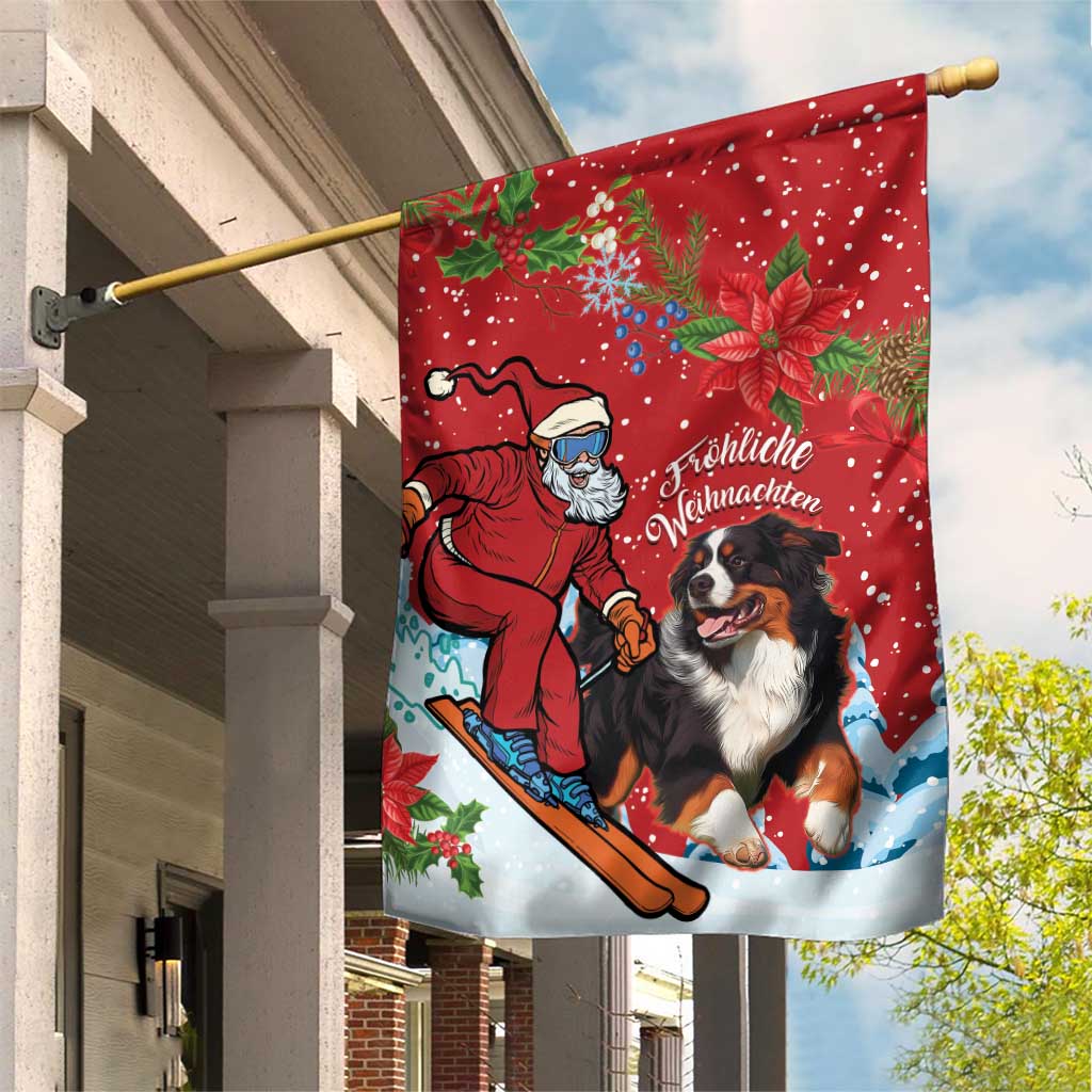 Red Christmas garden flag with Santa and Greater Swiss Mountain Dog, snowy scene