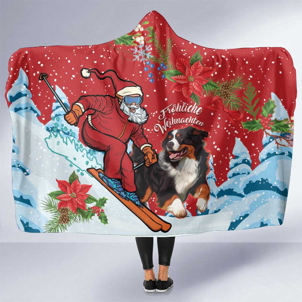 Hooded Christmas blanket, red with Santa and mountain dog ski scene
