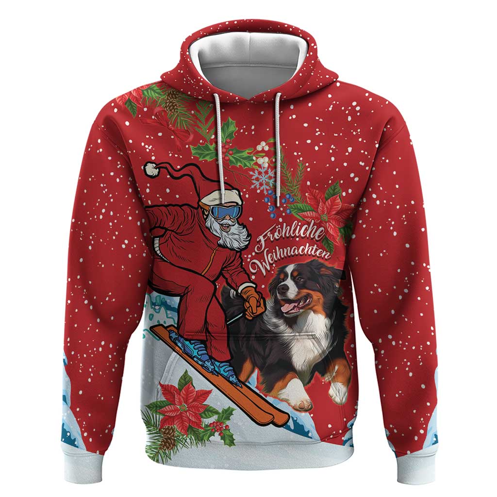 Red zip-front holiday hoodie with Santa skier and Greater Swiss mountain dog graphic