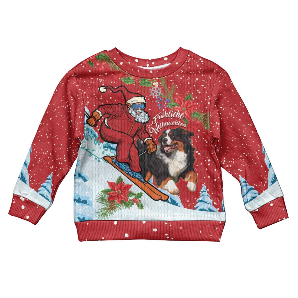 Kids ugly Christmas sweater in red with cartoon Santa and mountain dog on sled