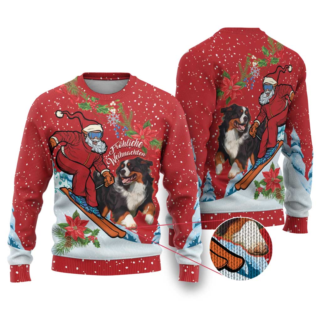 Red Christmas ugly sweater, front and back views, Santa and Bernese dog holiday graphic