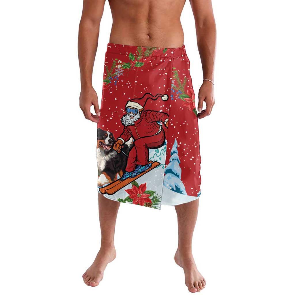 Red Christmas dog graphic sarong with Santa and tree print