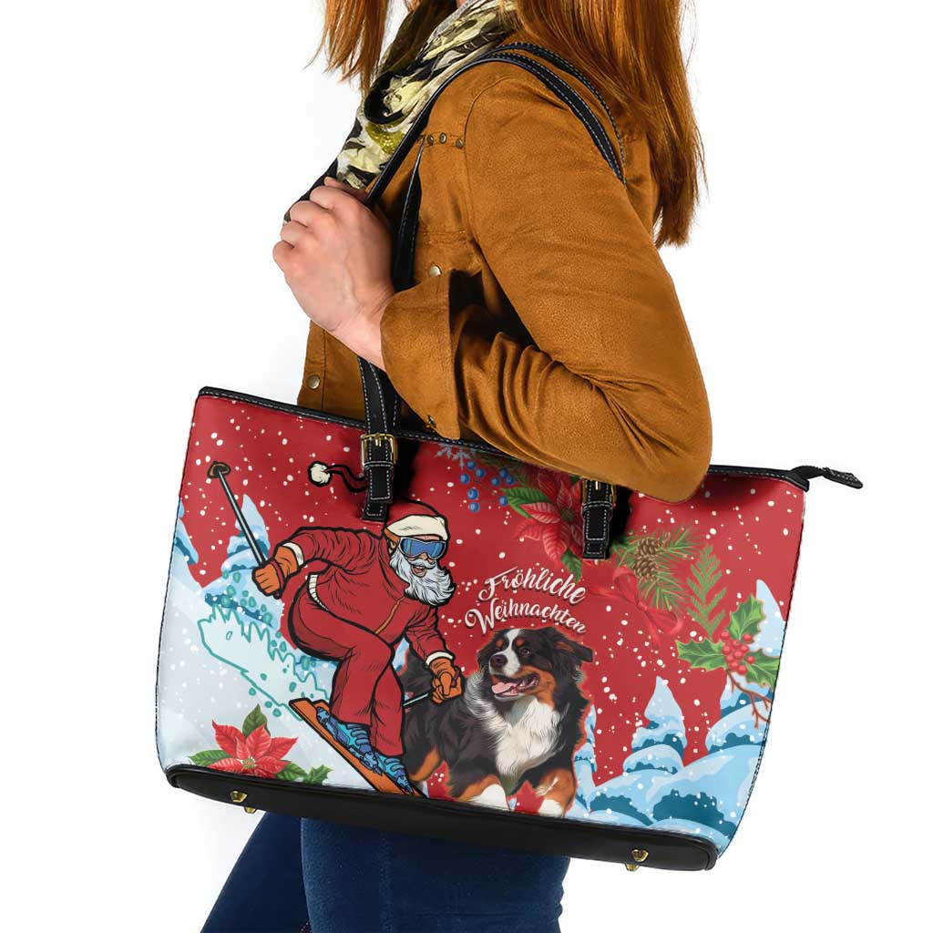 Switzerland Christmas Leather Tote Bag Greater Swiss Mountain Dog Santa - Merry Xmas - Wonder Print Shop