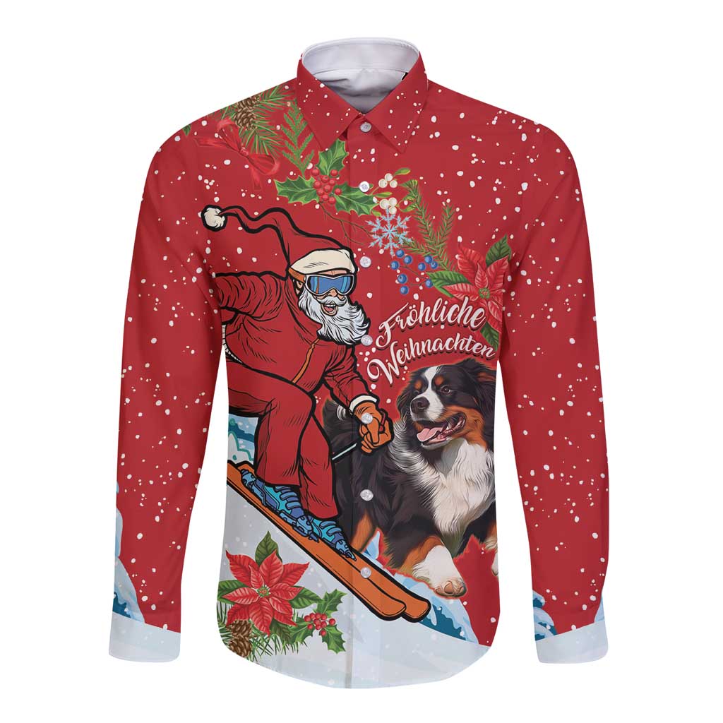 Red long-sleeve button shirt with Santa, Greater Swiss Mountain Dog, and festive script