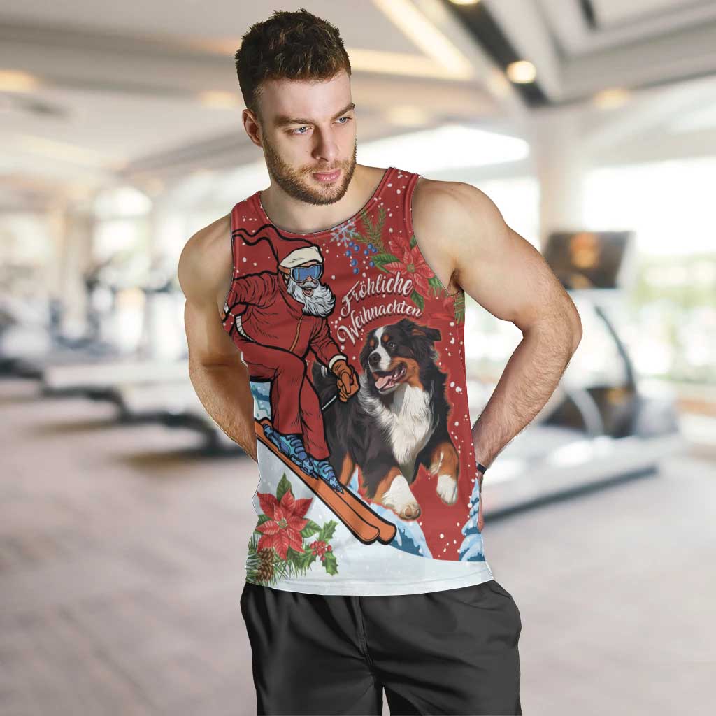 Men's red Christmas tank top with Santa dog ski scene and poinsettia floral accents