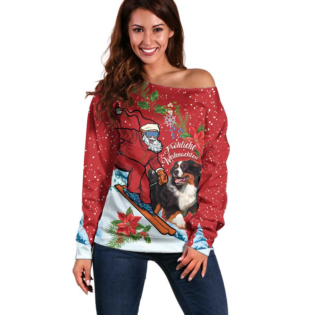 Red off-shoulder sweater with long sleeves and large dog-and-Santa holiday print