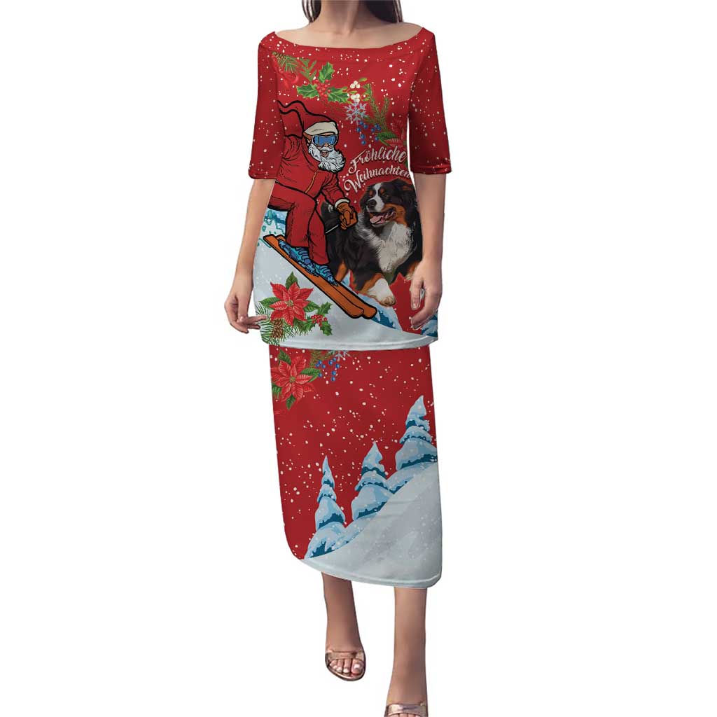 Red long dress with short sleeves, festive Santa and dog print with snow and poinsettias