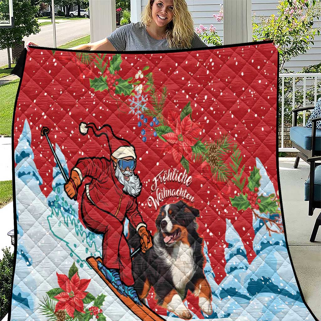 Red and blue Christmas quilt with Santa and Swiss mountain dog graphic, quilted pattern.
