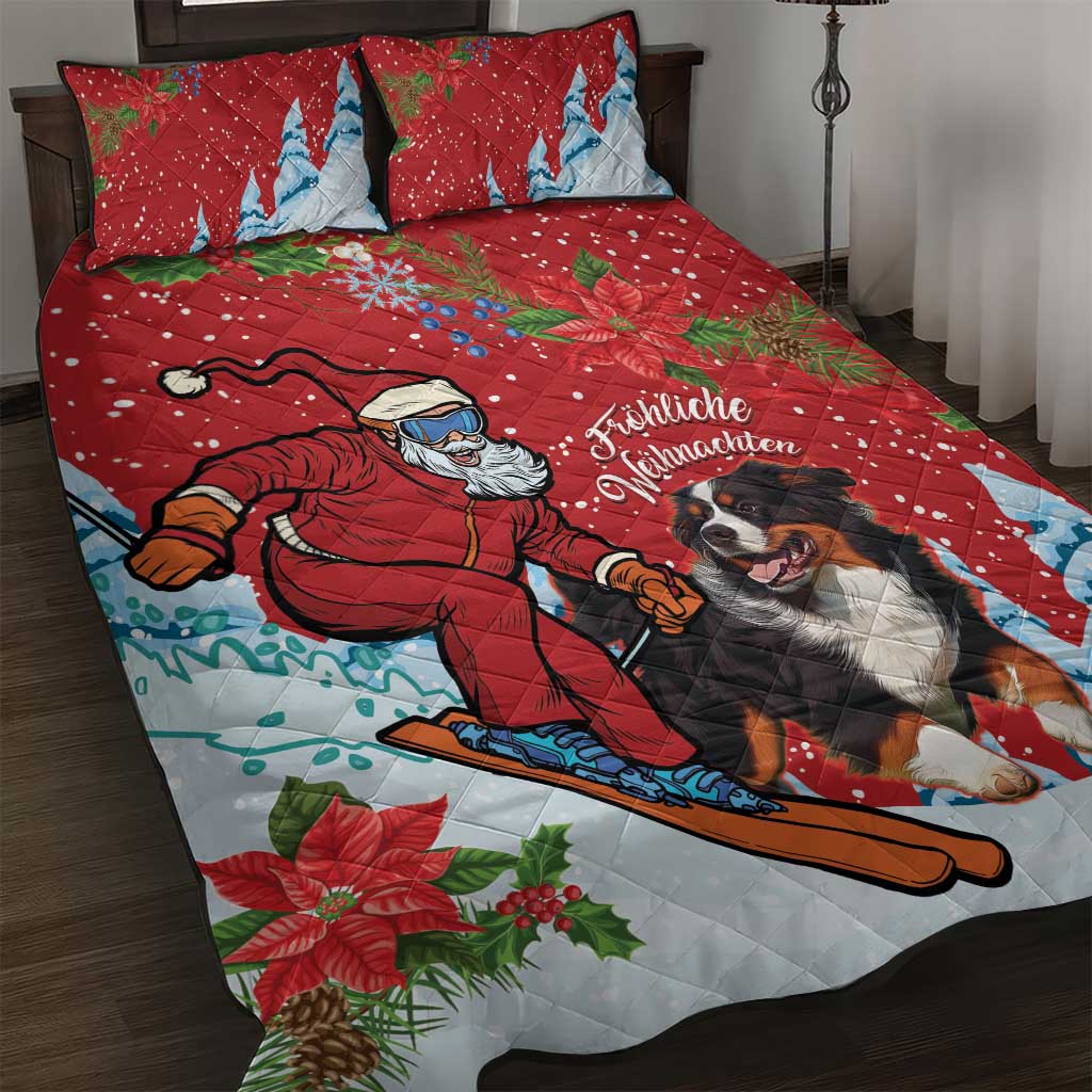 Red Christmas quilt bed set with Santa dog and toy ski graphic; includes pillow covers