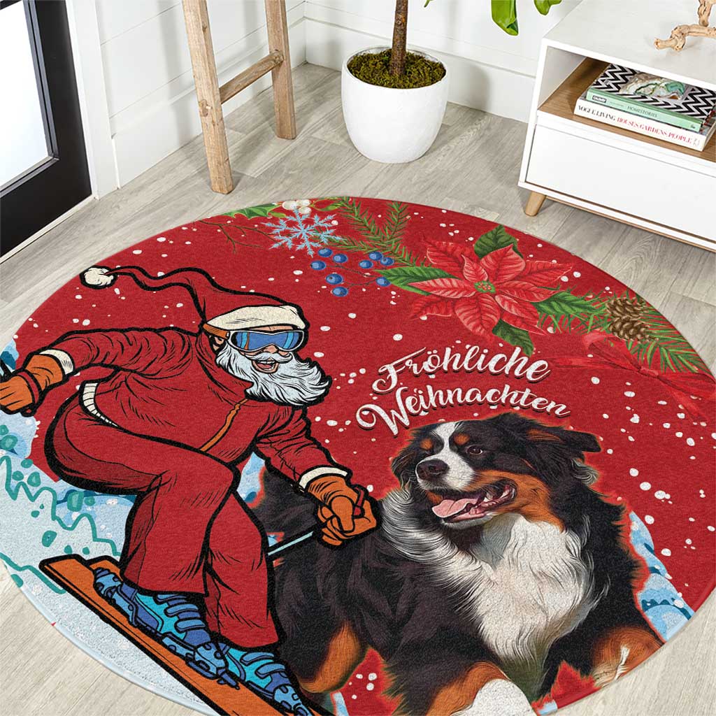Red round Christmas rug with Santa, Greater Swiss Mountain Dog, and festive text