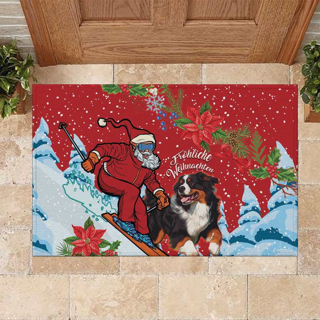 Red rubber Christmas doormat with Santa and Swiss mountain dog illustration