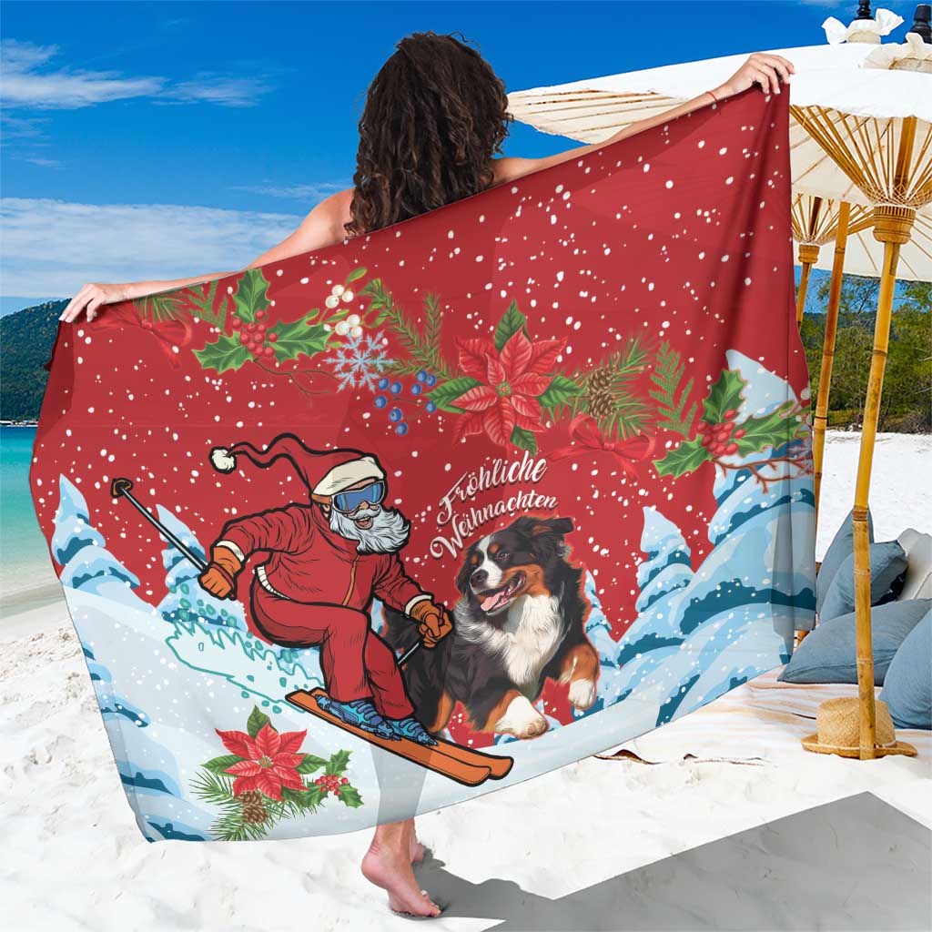 Red Christmas dog Santa sarong with winter mountains and poinsettias, draped on beach