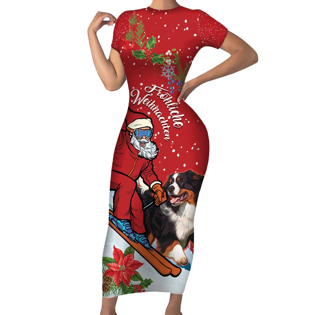 Switzerland Christmas Short Sleeve Bodycon Dress Greater Swiss Mountain Dog Santa - Merry Xmas