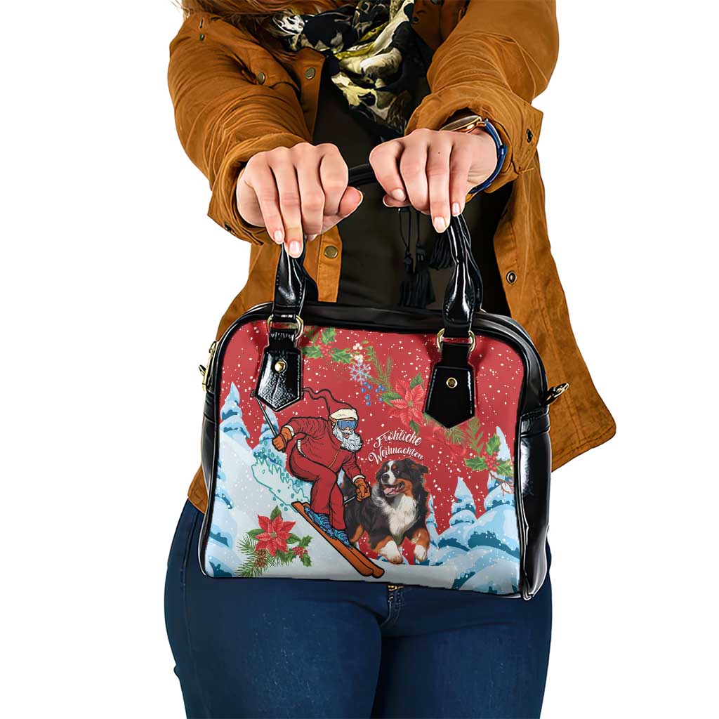 Red Christmas shoulder handbag with Santa and dog graphic, black top handles