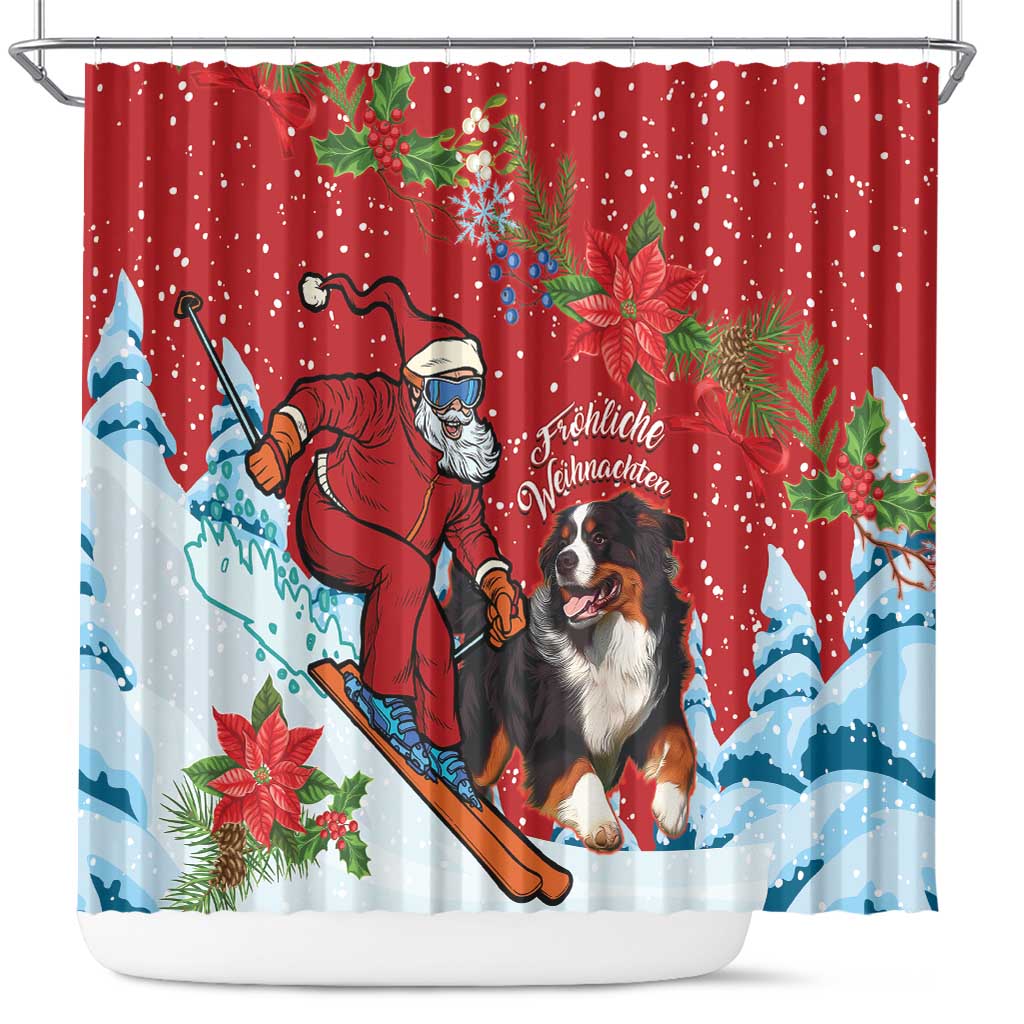 Red Christmas shower curtain with Santa, ski, and Bernese mountain dog illustration