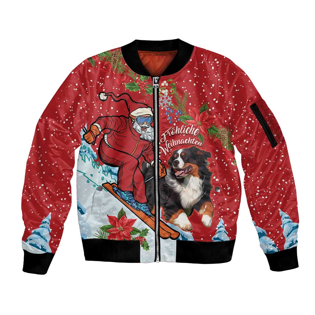 Red zip bomber jacket with ribbed cuffs, Santa and Swiss mountain dog graphic front