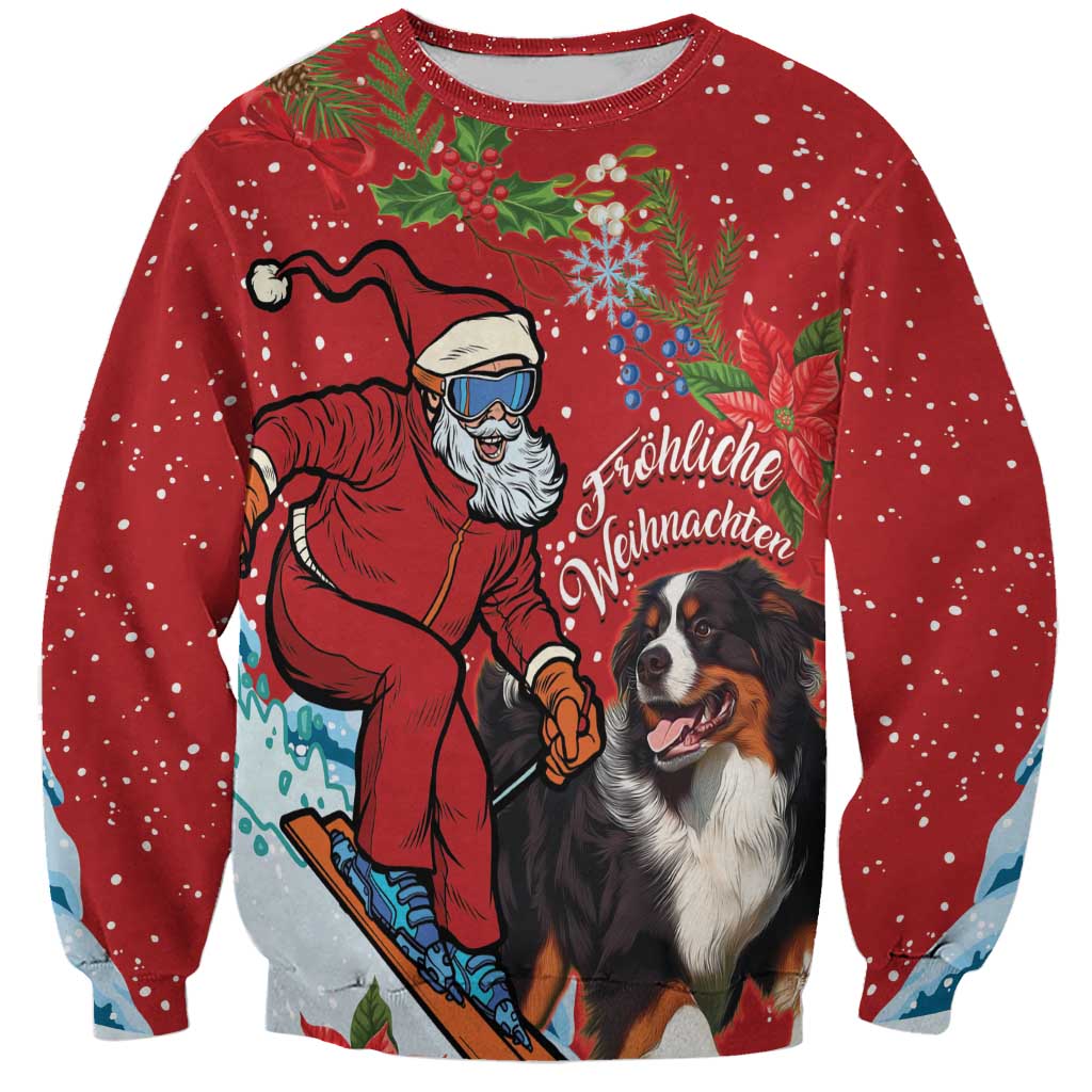 Red Christmas sweatshirt with Santa, mountain dog, and festive holiday lettering